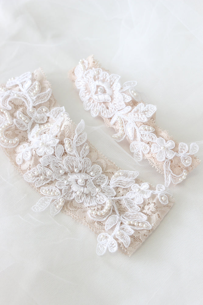bespoke garter, lace garter,custom garter hayley page blush sequined dress bespoke headpiece