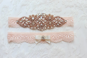 JUDY | Rose Gold Blush Lace Wedding Garter Set with Crystals and Pearls