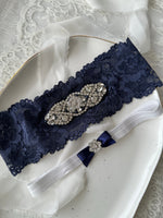 Only one left! Small to medium - blue lace wedding garter set