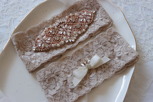 Curvy bride best friend -  cashmere/moka lace wedding garter set