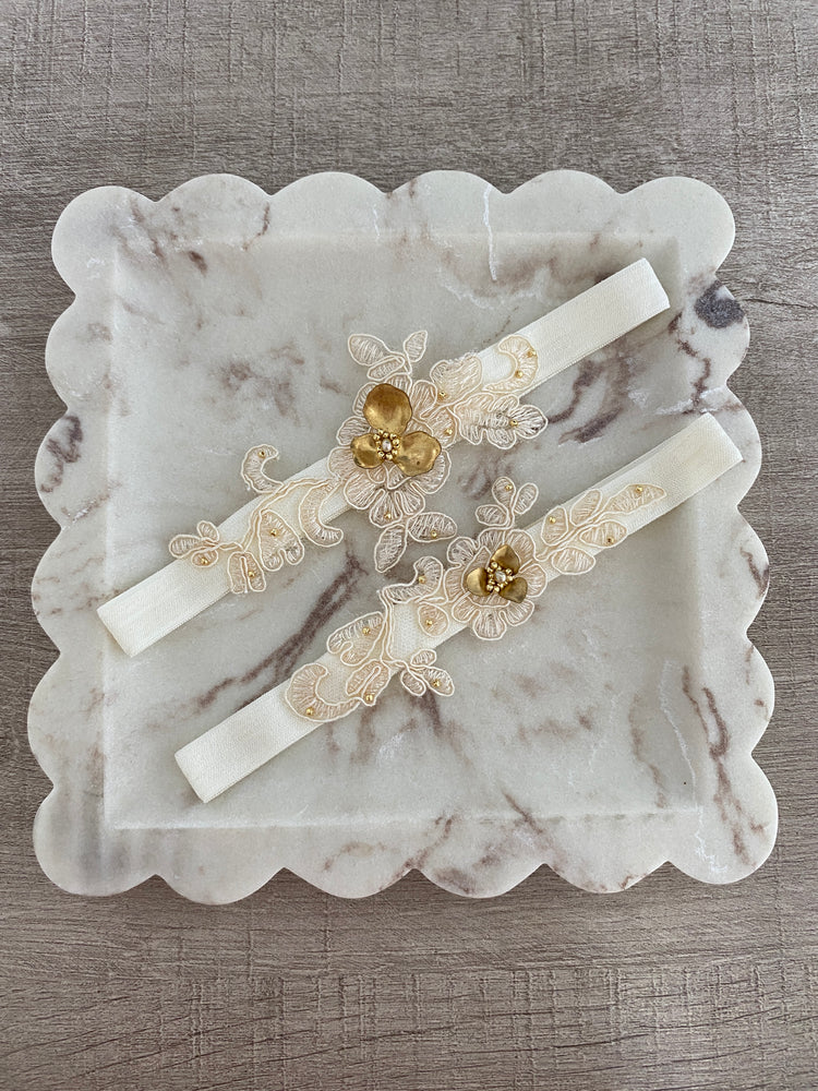 ORCHID |Ivory lace and gold embroidered bridal garter set