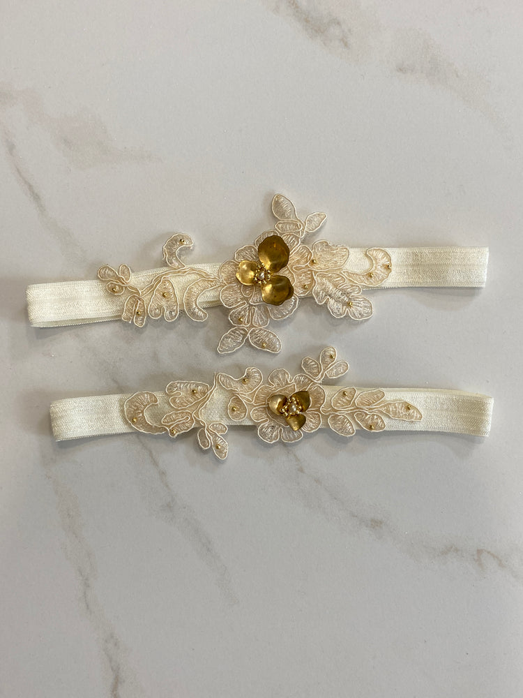 ORCHID |Ivory lace and gold embroidered bridal garter set