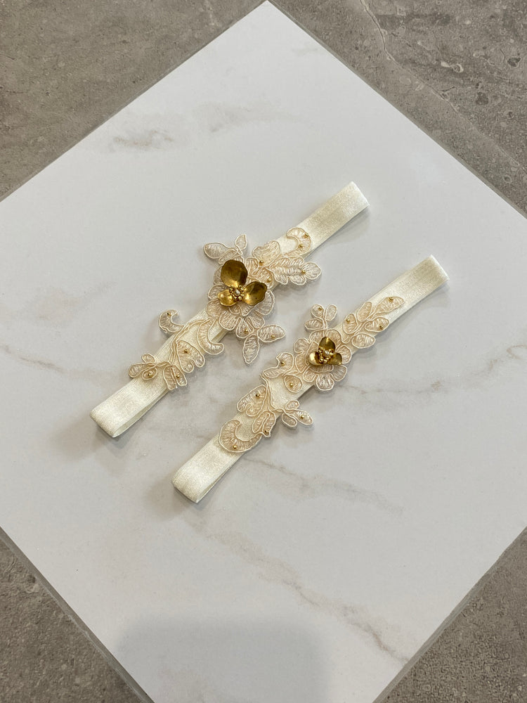 ORCHID |Ivory lace and gold embroidered bridal garter set