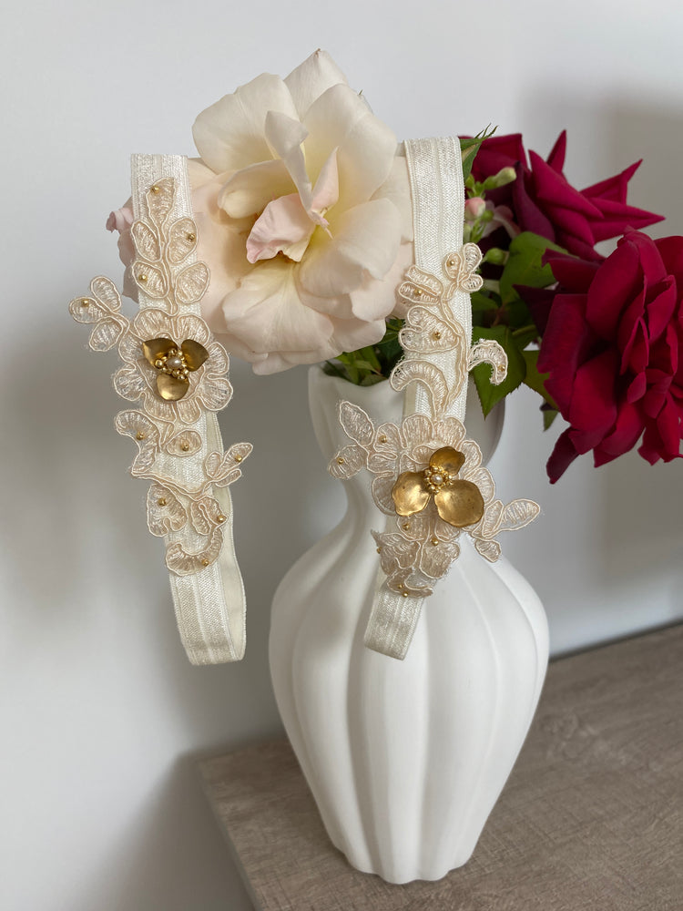 ORCHID |Ivory lace and gold embroidered bridal garter set