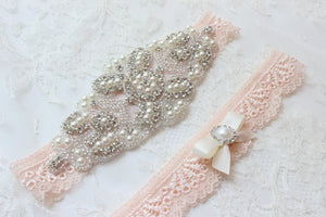 ELISABETH | Blush Lace Wedding Garter Set with Crystals and Pearls