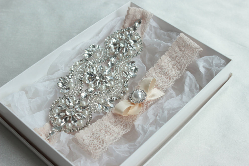 LEILA | Champagne Lace Wedding Garter Set with Crystals and Pearls