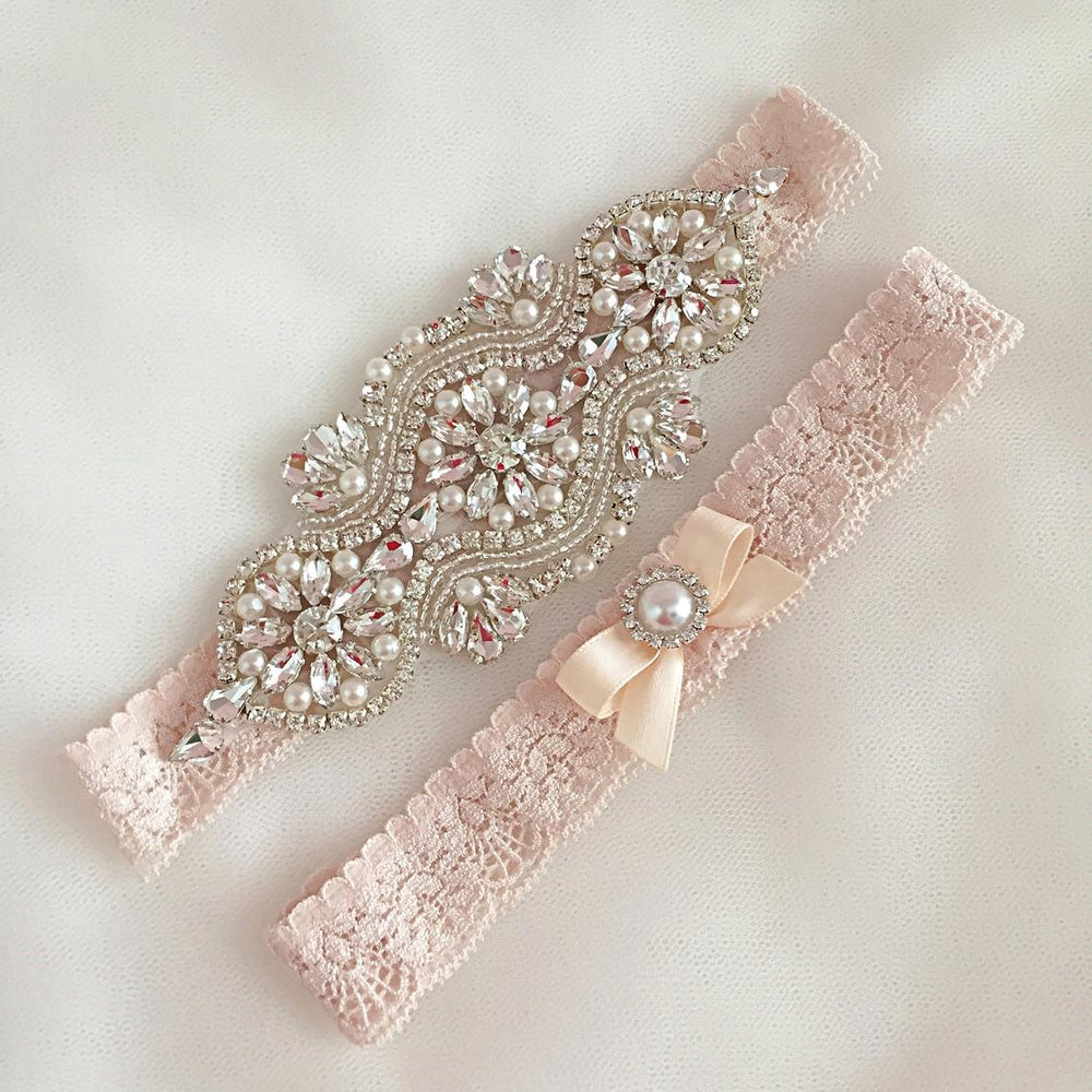 Champagne Lace Wedding Garter Set with Crystals and Pearls