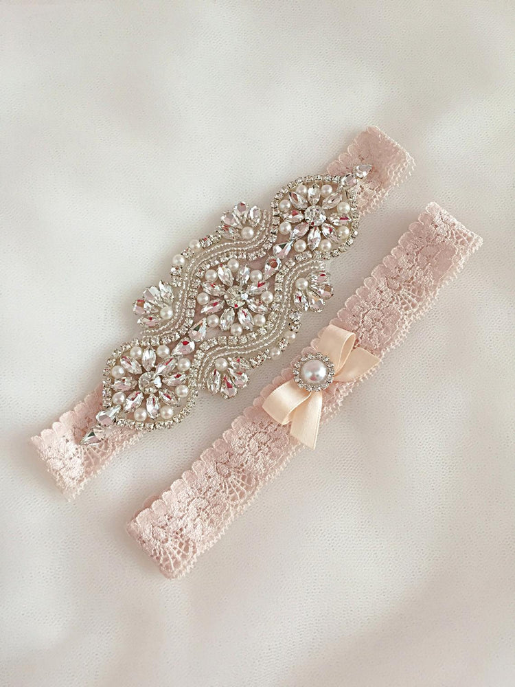 Champagne Lace Wedding Garter Set with Crystals and Pearls