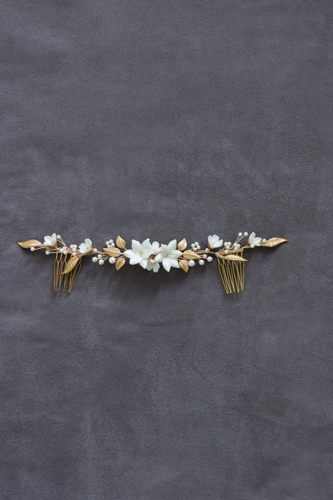 ELODIE | Gold Floral Wedding Headpiece with Leaves