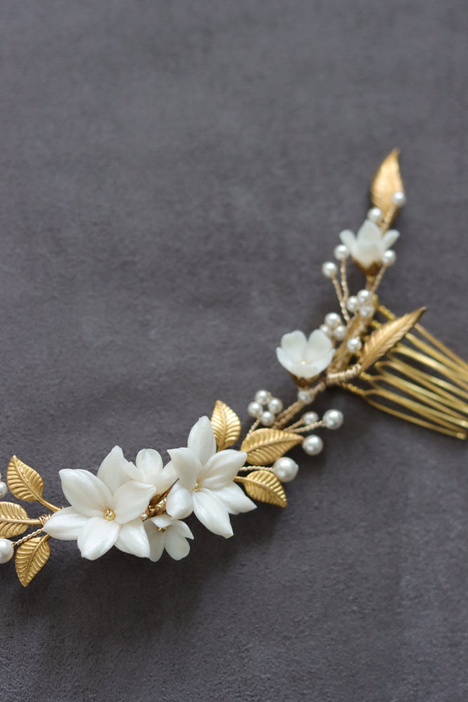 ELODIE | Gold Floral Wedding Headpiece with Leaves