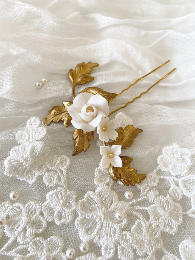 MIRABELLE | Gold floral bridal hair pin for side swept hairstyle
