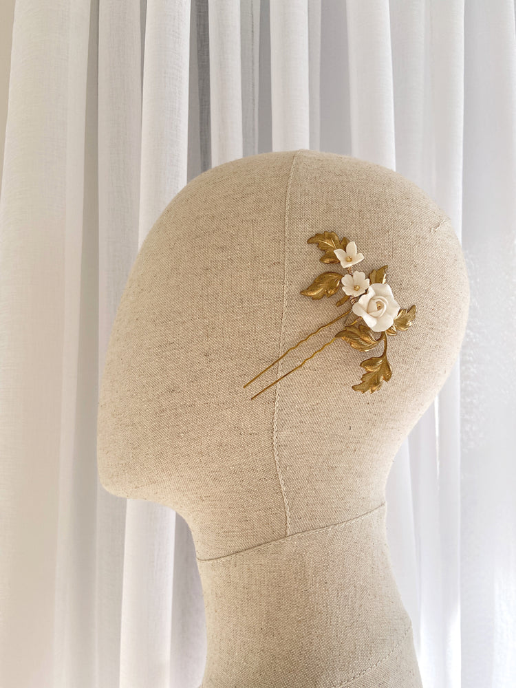 MIRABELLE | Gold floral bridal hair pin for side swept hairstyle