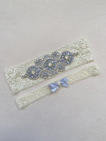 VICTORIA | Ivory Lace Wedding Garters with Light Blue Crystals - Something Blue