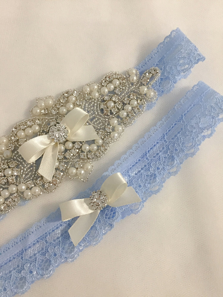 ELISABETH II |  Blue Lace Wedding Garters with Crystals and Pearls - Something Blue Bridal