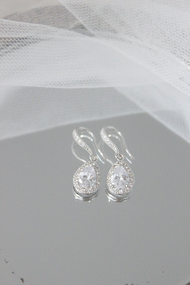 silver crystal drop pear bridal earrings