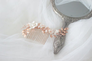 romantic floral side rose gold wedding hair comb, perfect for bridal updo and side swept hairstyles 