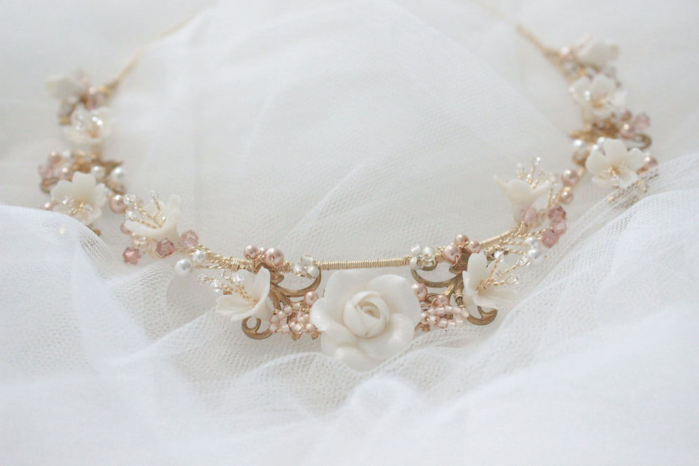 gold wedding tiara handcrafted with roses, flowers and blush pearls and seed beads by shenoblesse