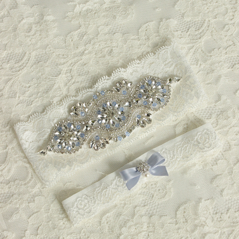 White Lace Wedding Garter with Light Blue Crystals - Something Blue