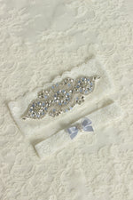 White Lace Wedding Garter with Light Blue Crystals - Something Blue