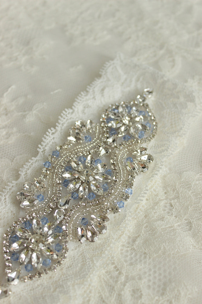 VICTORIA | White Lace Wedding Garter with Light Blue Crystals - Something Blue