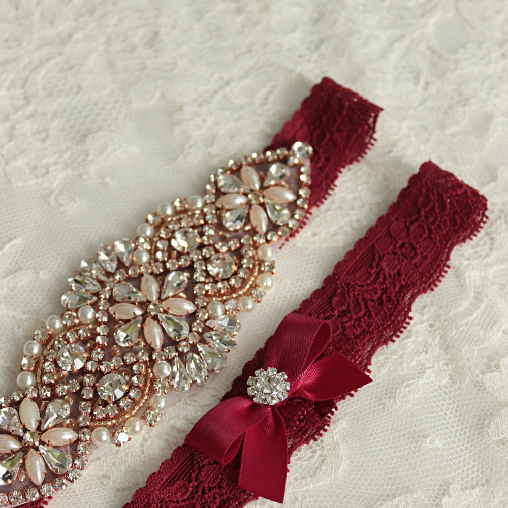 Burgundy Rose Gold Wedding Garter Set with Rose Gold Details, Crystals and Pearls