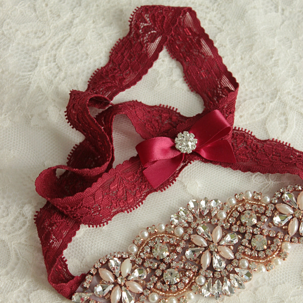 Burgundy Rose Gold Wedding Garter Set with Rose Gold Details, Crystals and Pearls