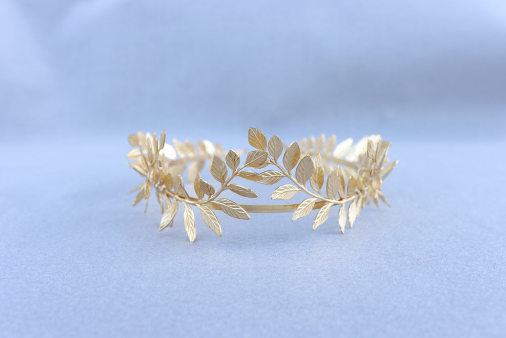 gold laurel leaf headpiece tiara for bride and wedding