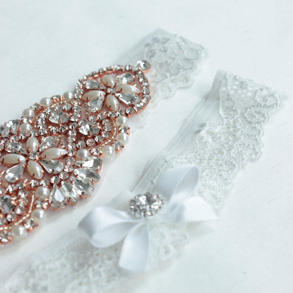 rose gold garter,wedding garter,white lace garter,off white garter,lace garter,bridal garter,blush garter,crystal garter,garter set,bridal lingerie,rose gold bridal jewellery