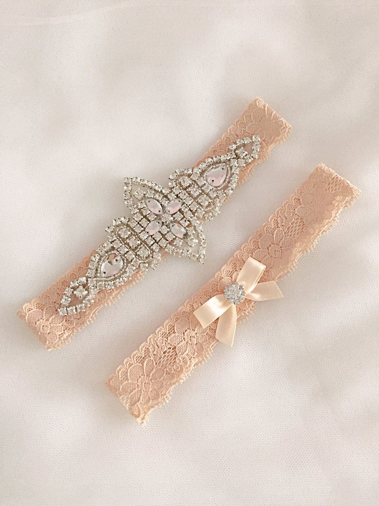 KENNA | Gold Champagne Lace Wedding Garter Set with Crystals