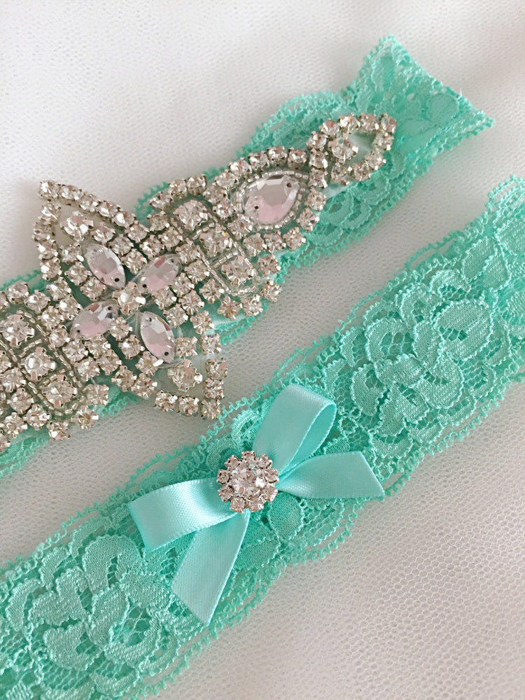 KENNA | Mint Lace Wedding Garter Set with Crystals