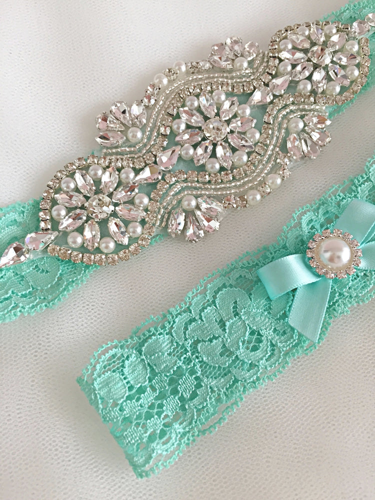 LEILA | Seafoam Turquoise Lace Wedding Garter Set with Crystals and Pearls