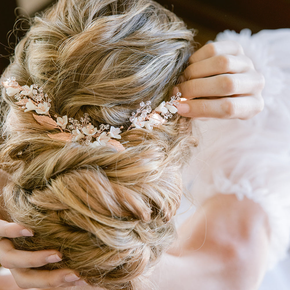 Rose gold bridal hair piece for updo or hair down, hair clip with flowers