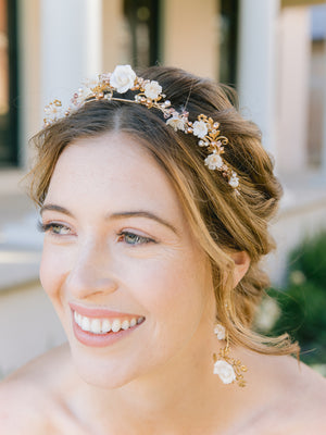 romantic gold blush floral statement bridal earrings and tiara