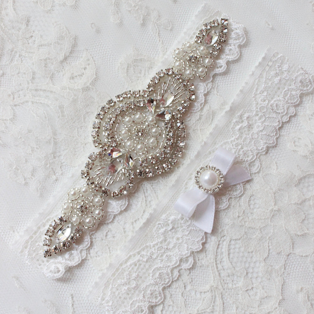 Wedding garter-white wedding garter-lace garter-bridal garter-white lace garter-vintage garter-crystal garter-bling garter
