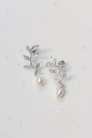 SYLVANA | Silver Leaf Pearl Drop Earrings with Genuine natural pearls